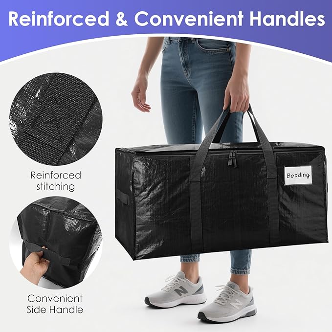 SINLAND 4 Pack Extra Large Heavy Duty Moving Bags with Strong Zippers, Reinforced Handles and Tag Pocket, Packing Totes Supplies for College Dorm Room, Packing Bags for Saving Space (Black)