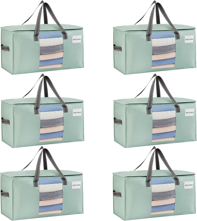 VENO 6 Pack Heavy Duty Moving Bags, Clothes and Comforter Storage Bags with Clear Window, College Dorm Essentials Packing Supplies, Foldable Boxes Alternative (Light Green Matte, 6 Pack)
