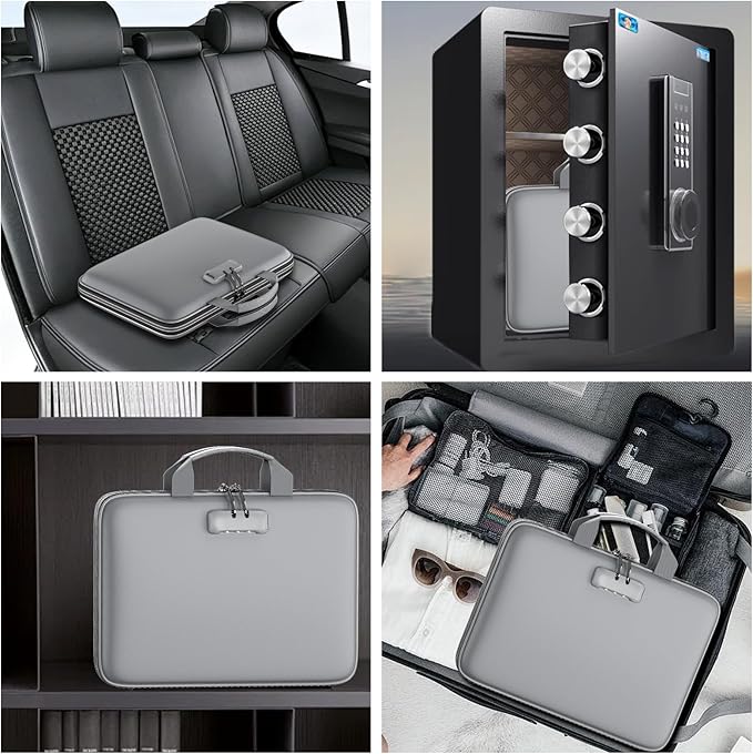 Fireproof File Organizer with Lock, Hard Case Fireproof Document Box with 13 Pockets Accordion File Folder, Important Document Organizer for Letter A4 Files Laptop Passports (Grey)