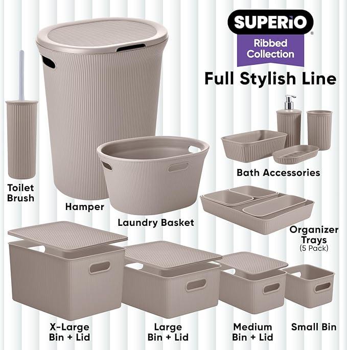 Superio Ribbed Collection - Decorative Plastic Basket Open Home Storage Bins Organizer, Medium Taupe (4 Pack) Container Boxes for Organizing Closet Storage Bins for Shelves Drawer Shelf 5 Liter