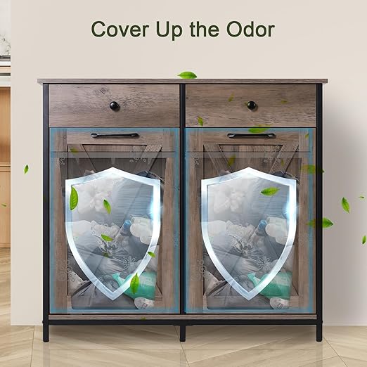 Clevich Double Tilt Out Trash Cabinet 20 Gal, Kitchen Wooden Recycling Cabinet, Hidden Garbage Can Holder w/Drawers & Tabletop, Dog-Proof Trash Bin Cupboard, Rubbish Bins NOT Included(Gray)