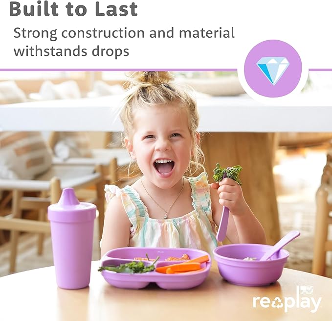 Re-Play Toddler Plates with Dividers - Deep-Walled 3 Compartments Divided Plates for Kids - Dishwasher & Microwave Safe - Made in USA - Set of 4-7.37" x 7.37" x 1.25" - Grey