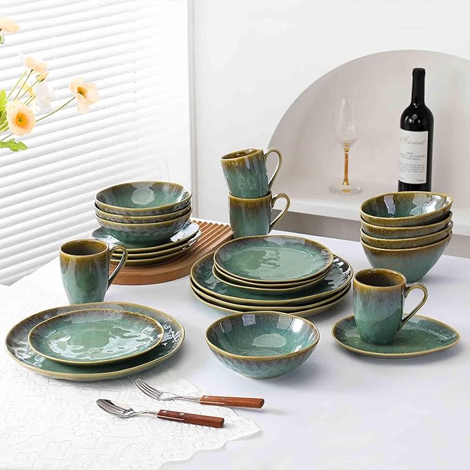 Henten Home Ceramic Dinner Plate Set, 11 Inch Porcelain Pizza, Pasta, Salad Plates, Irregular Shape Steak Plates Set of 4, Stoneware Serving Dishes for Kitchen (Green)