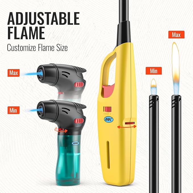 MK Lighter 5-Pack Multi-Purpose Butane Lighters – 3 Large Long Lighters Soft Flame Utility + 2 Mini Torch, Assorted Colors for Candles, Camping & Outdoor Use (Random Color Combo 5PC)