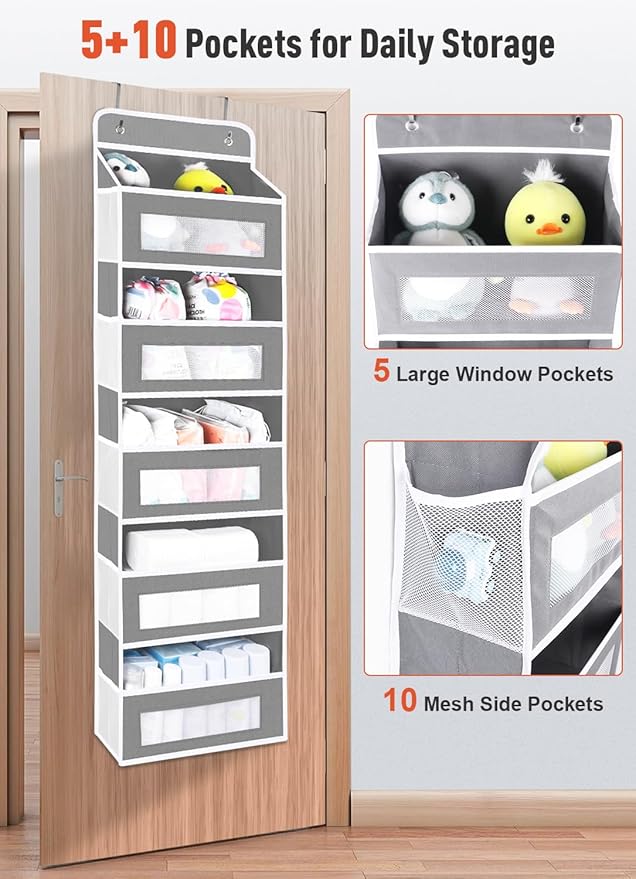 Over The Door Organizer Storage, 5 Shelf Hanging Door Organizer with 10 Large Capacity Pockets, Anti Tilt 44 lb Load Behind Door Storage for Bedroom, Bathroom, Pantry, Nursery, (Grey)