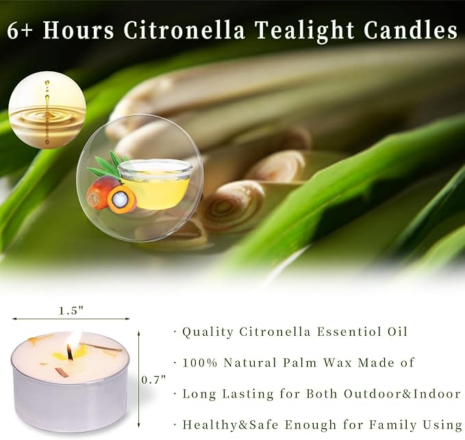 16 Pcs 6H Citronella Tealight Candles Indoor Outdoor, Decorative Scented Tealight Candles with 100% Palm Wax Base & Dried Lemongrass, Smokelss for Patio, Home, Outside Use