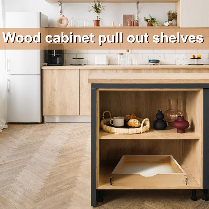 Menkxi 2 Set Wooden Pull out Cabinet Organizer Fully Assembled Slide out Pantry Drawer with Gentle Close Storage Shelf Tray for Base Kitchen Under Sink Bathroom Accessory(Wood Color,18'' X 21'' X 3'')