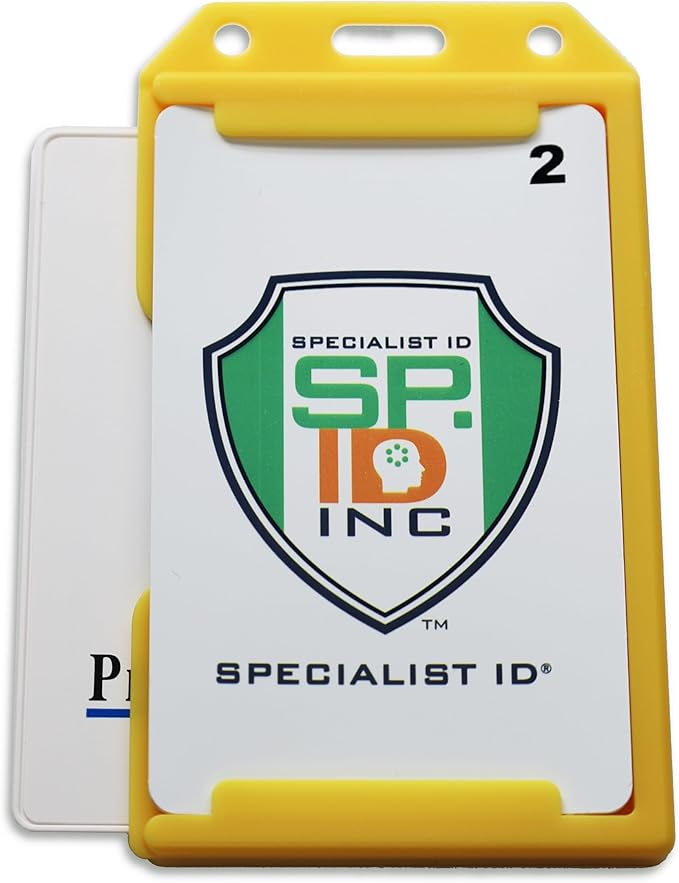5 Pack - Heavy Duty 2-Sided Rigid Multi Card Holder - Hard Plastic Vertical ID Badge Holders for 2 Standard or Thick Prox Cards, Fuel Card, CAC, Work Badge, or Credit Cards by Specialist ID (Yellow)