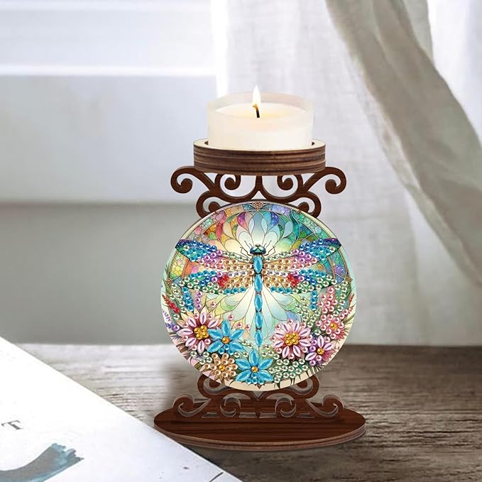 Diamond Art Painting Candlestick Holder kits, Dragonfly DIY shaped crystal Diamond art painting, woodiness Candle holder for AromaRelax & Home Decor, Christmas Halloween Ornaments (Double-Sided)
