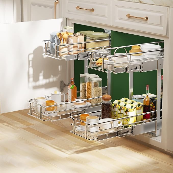 LOVMOR 2 Tier Individual Pull Out Cabinet Organizer 7.5" W x 21.5" D, Slide Out Kitchen Cabinet Storage Sliding Shelves
