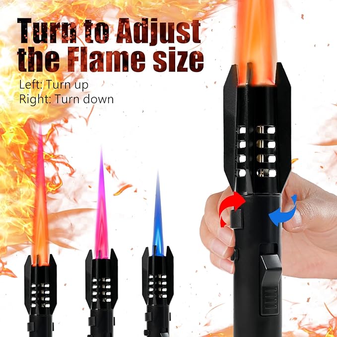 Camping Lighter, Torch Lighter, Straight Flame Bright Fire Refillable Windproof Adjustable Color with Safety Lock for Campfires Kitchen Hiking Candles Fireplace BBQ Outdoor Essentials (Black)