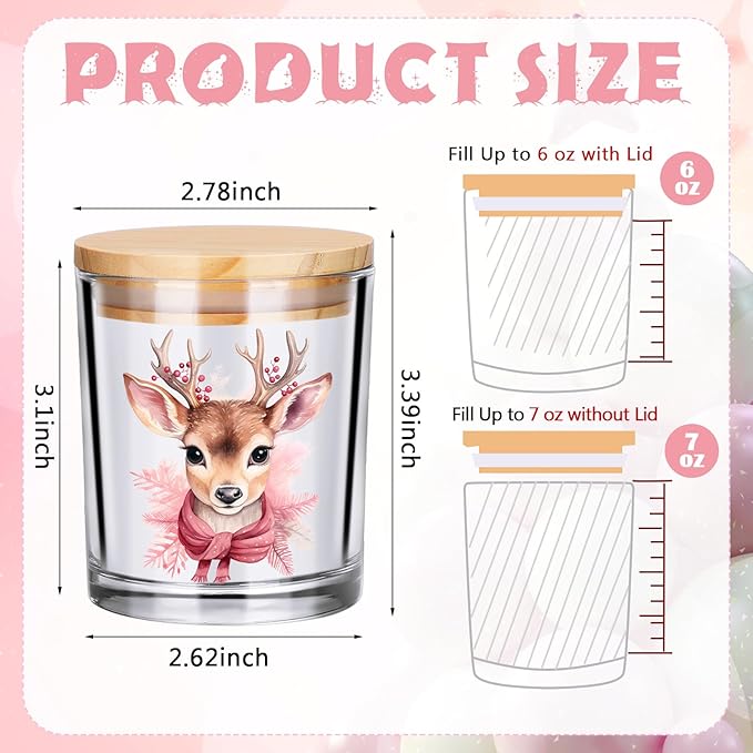 Ziliny 10 Pcs Pink Christmas Glass Candle Jars Empty Containers Bulk 7 oz Pink Elk Snowman Santa Claus Glass Jars with Cork Lids Tins for Candle Making Storing Biscuits Party Favors