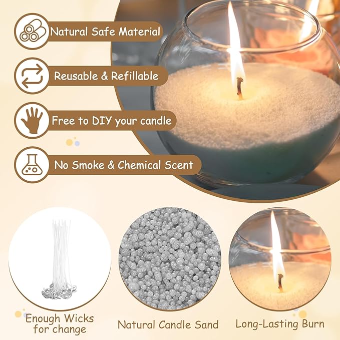 MECCANIXITY Pearled Sand Candles with 50 Pcs Wicks 21Oz / 600g Candle Beads Refillable Powder Sand Wax Making Kit for Thanksgiving Christmas Wedding Party DIY Home Crafts, Gray