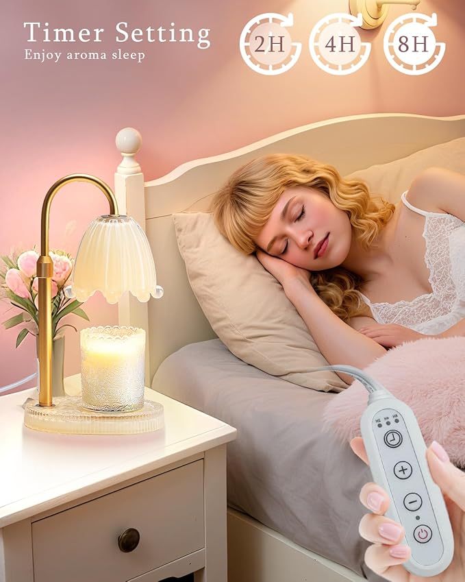 Flower Candle Warmer Lamp with Timer, Vintage Adjustable Glass Warmer Light for Jar Candles, Electric Wax Warming Melter, Gifts for Women Mom, Bedroom Decor (Yellow-Flower)