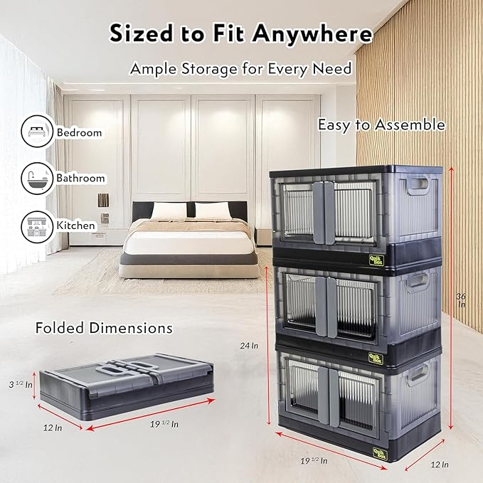 FELICON 8.4 Gallon 3 Pack Stackable Storage Bins with Lids,Doors,Wheels,Collapsible Organizer Foldable Container,Wardrobe Closet for Bedroom Living Room Neat,Dorm,Organized Homes(Black)
