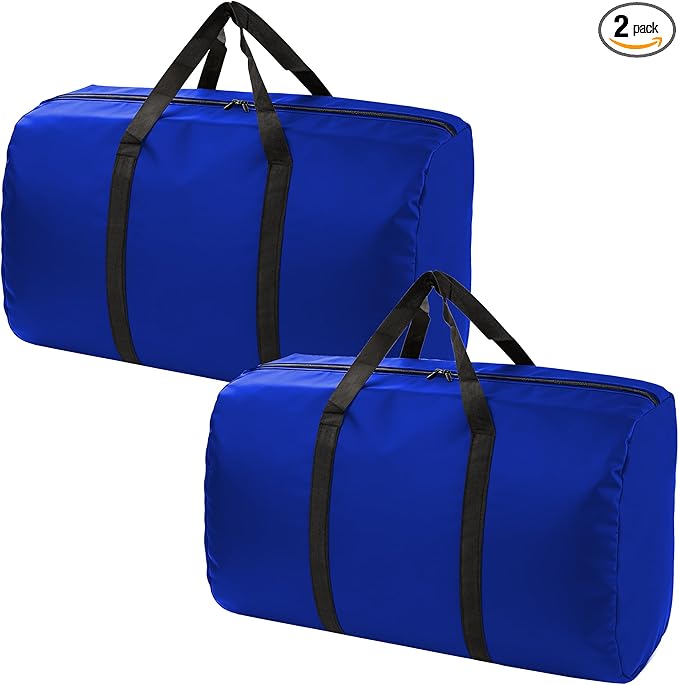 2 Pack 96L Extra Large Moving Bags with Zippers & Carrying Handles for Storage, Packing, Traveling, Camping, Langdry, Big Heavy Duty Moving Totes Bags for Clothes, Supplies and Space Saving Blue