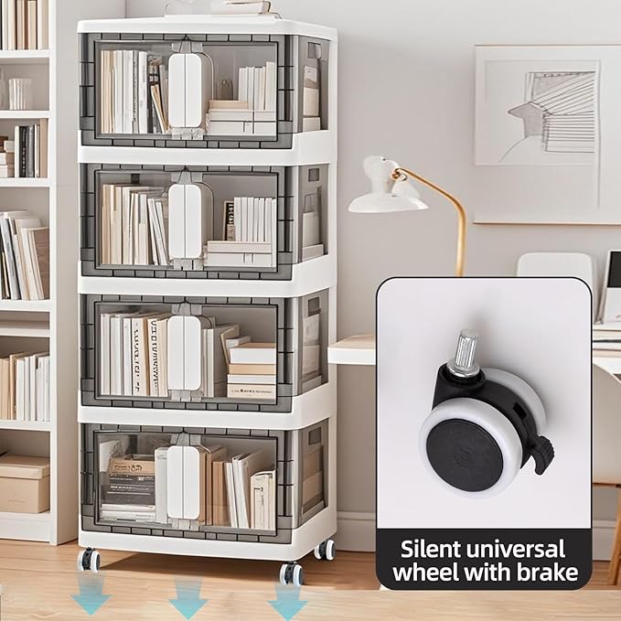 Folding Storage Organizer with Silent casters | Stackable Design for Home & Office, Heavy-Duty Plastic Storage Bin with Clear Door, 3 Sizes (19.5/23.5/27.5in),Black/White (19.7" 2 layer, White)