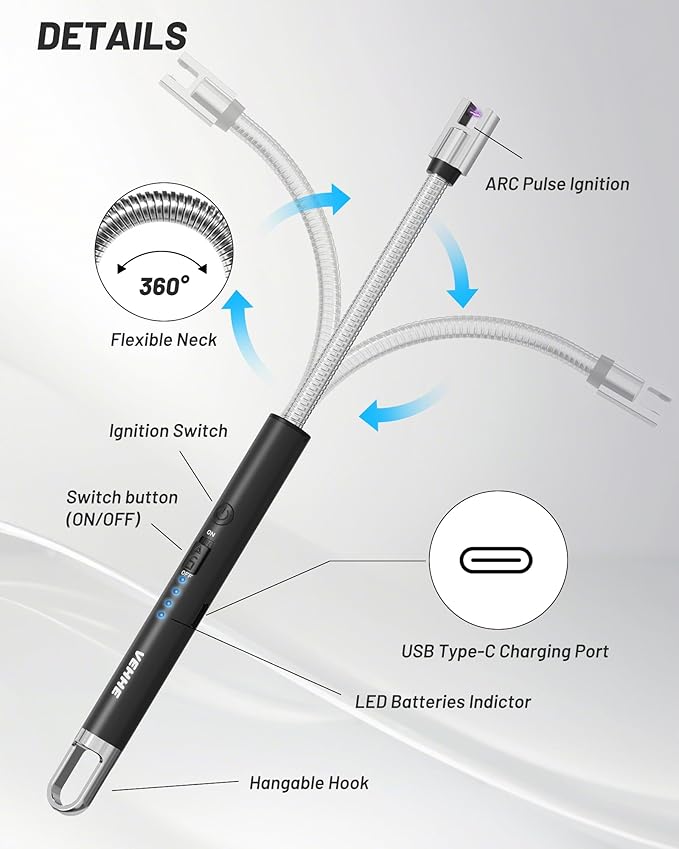 VEHHE USB Lighter, Candle Electric Lighter with Safety Lock Rechargeable Arc Lighters with LED Display, 360° Flexible Long Neck Lighters for Candles Grilling Cooking Barbecue Camping Windproof