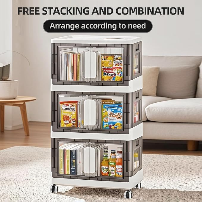 Folding Storage Organizer with Silent casters | Stackable Design for Home & Office, Heavy-Duty Plastic Storage Bin with Clear Door, 3 Sizes (19.5/23.5/27.5in),Black/White (27.6" 2 layer, White)