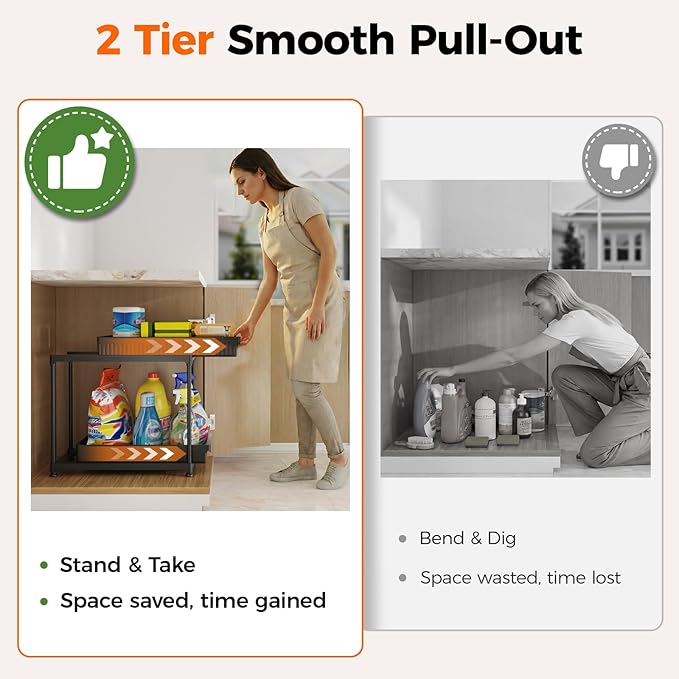 3 Pack Under Sink Organizer, 2 Tier Slide Out Bathroom Cabinet Organizer, Multi-Purpose Storage Shelf for Kitchen, Black, 14.8Inch