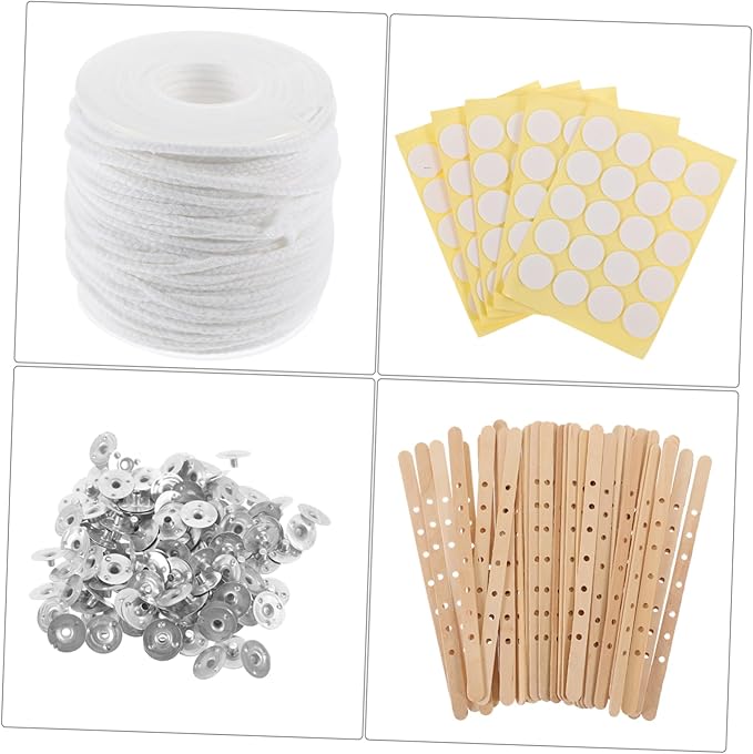 VILLCASE 1set Candle Making Kit Wicks Centering Devices and Stickers for DIY Candle Creation Wooden Wick Holders for Stable Burning and Easy Labeling