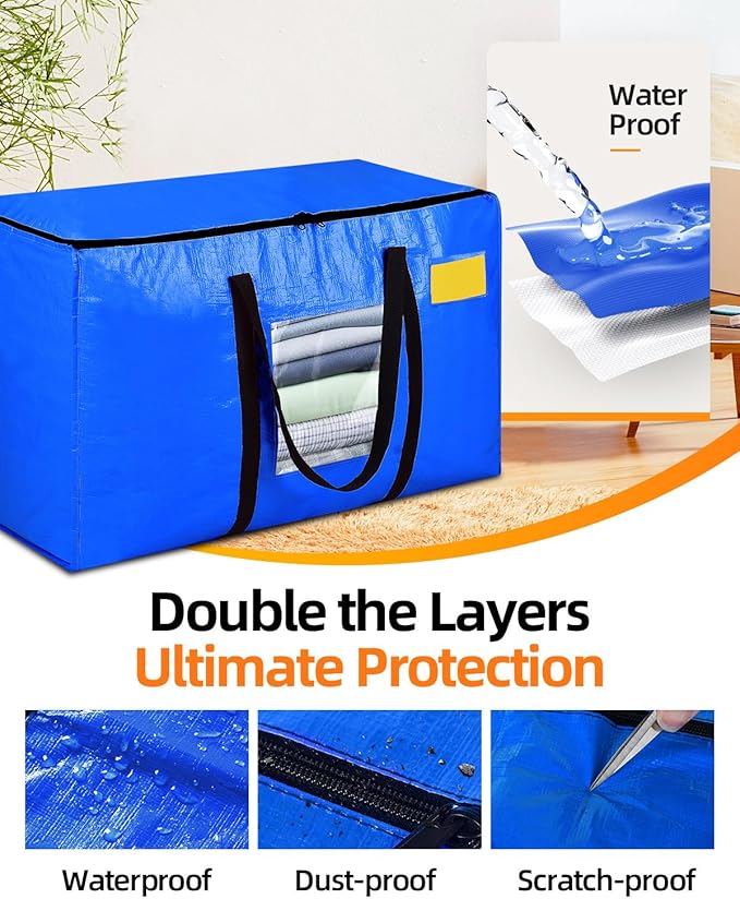 Extra Large Moving Bags, 4 Pack Heavy Duty Storage Bags Boxes Bins Totes with Hnadles Zippers Visible Window for Clothes College Dorm Travel, Blue