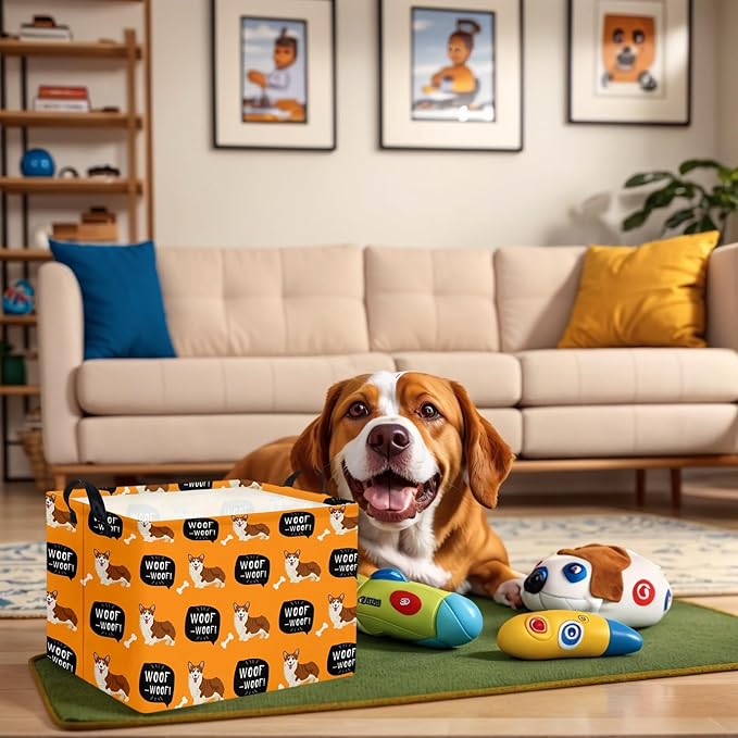 Woof Dog Basket Storage Bin for Chew Toys Pet Supplies & Pet Organizer Dog room decor (Orange)