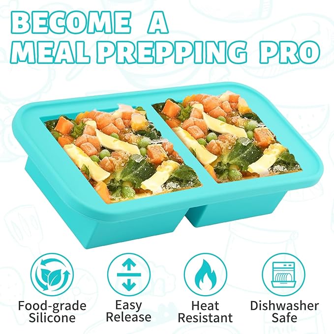 SHIKORI Silicone Freezer Tray With Lid, Silicone Freezer Food Molds, Large Ice Cube Tray, Silicone Freezer Container,Freeze & Store Soup, Sauce, Broth,Leftovers (Blue-6 Cups)