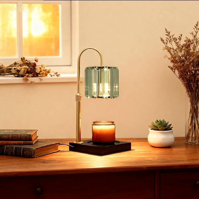 Yuichoy Candle Warmer Lamp Green with Timer, Dimmable Electric Candle Wamer Adjustable Height, Gifts for Women Mom, Glass Modern Candles Melter Lamp
