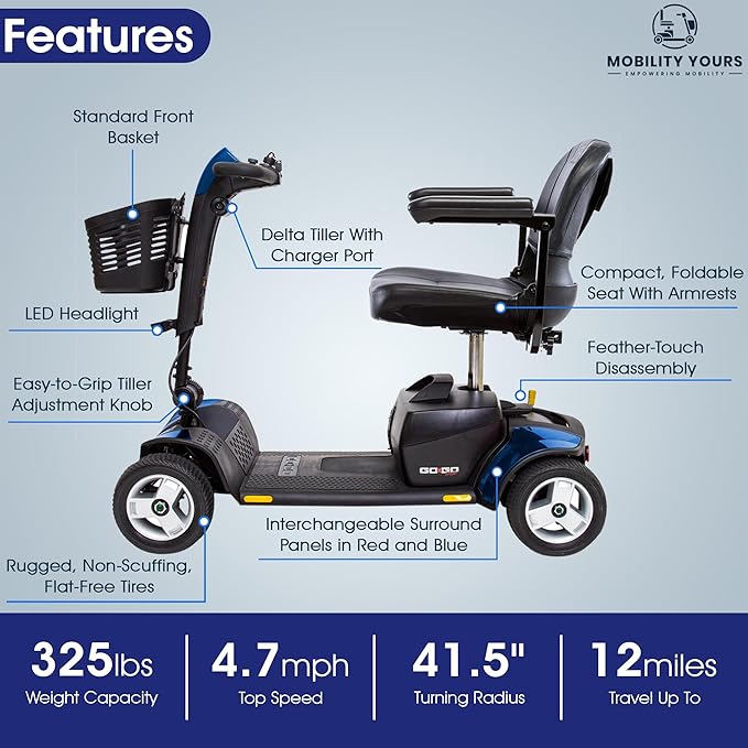 Pride Go Go Sport 4 Wheel Mobility Scooter + Pride Mobilty Cell Phone Mount, XLR Phone Charger, Mobility Yours Rear Basket, New Easy Turn Feature, LED Headlight, 325 Lbs Capacity, Warranty