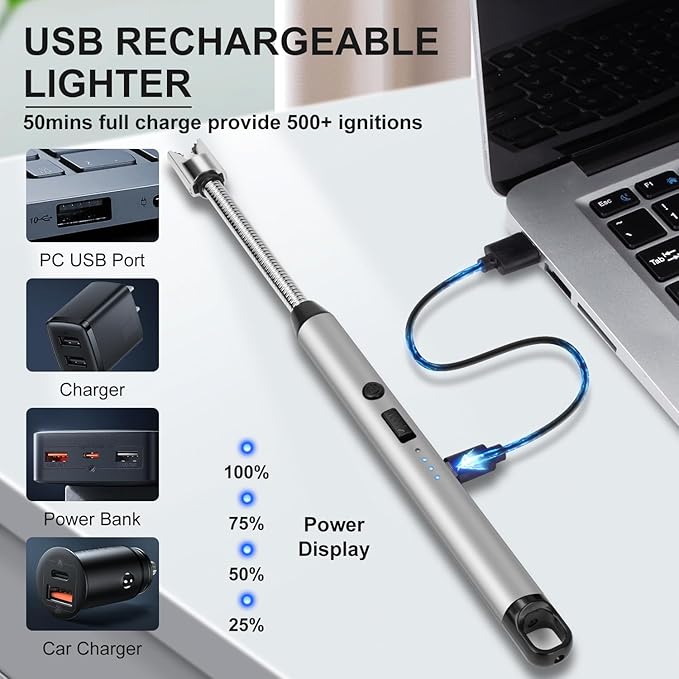 Upgraded 2 Pack Electric Candle Lighter Windproof with 360° Flexible Neck & Safety Lock, USB Rechargeable Flameless Arc Long Lighters for Grill, BBQ, Camping, Fireplace, Stove