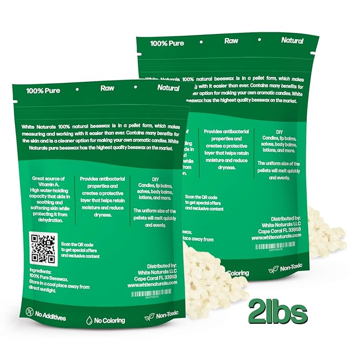 White Beeswax Pellets 2lb (1lb in Each Bag), Pure, Natural, Cosmetic Grade, Organic, Bees Wax Pastilles, 3X Filtered, Great For Soap Making, Candles, DIY Lip Balms, Sunscreen By White Naturals