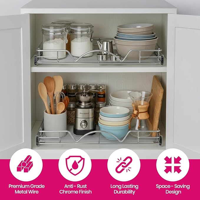 HOLDN’ STORAGE Pull Out Cabinet Organizer - Heavy Duty Steel with Smooth Slide-Out Drawers, Chrome Finish - 22" W x 17" D Basket, Fits 23.25" Cabinet Opening