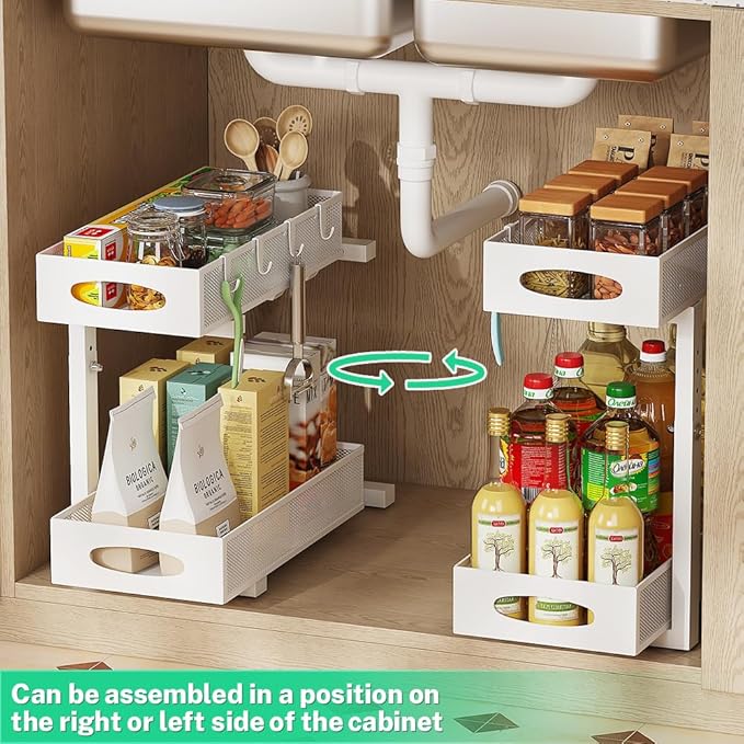 2 Pack Under Sink Organizer and Storage, 2 Tier Pull Out Sliding Cabinet Shelf, 5-Level Height Adjustable Thickened Carbon Steel Storage Rack for Kitchen Bathroom Cabinet,White