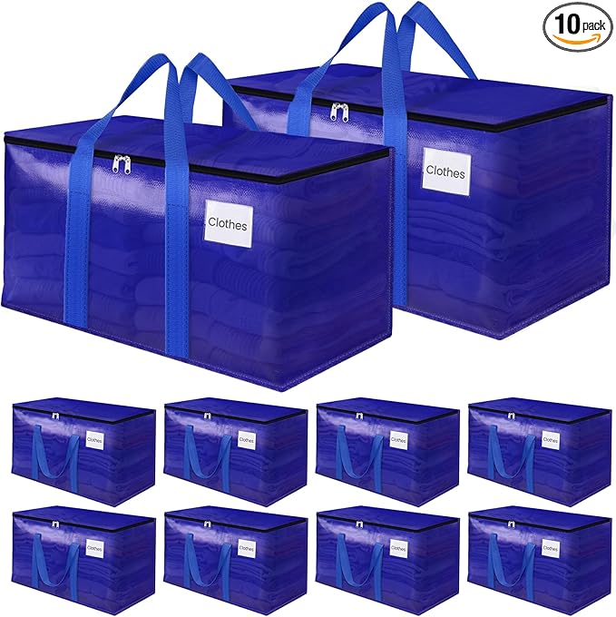 FabSpace 10Pack Moving Storage Bags, Moving Supplies Packing Boxes for Moving, Camping, College Dorm Room Essentials for Girls, Blue Tote Bags, 93L Heavy-Duty Storage Bins With Lids And Zippers