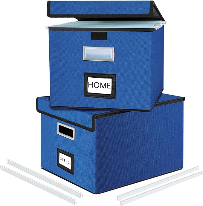Huolewa Decorative File Organizer Boxes Office Document Storage with Lids, Portable Collapsible Linen Hanging Filing & Storage Boxes for Office/Decor/Home (Royal Blue) -14.9 x 12.7 x 10.8 inch -2 Pack