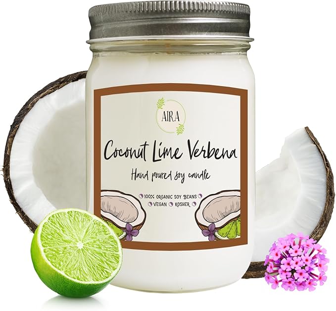 Aira Soy Candle – Coconut Lime Verbena – 12 oz Mason Jar – Hand-Poured USA – Long-Lasting Vegan Soy Wax Candle – Fresh Tropical Citrus Aroma – Paraffin-Free, Kosher, Cruelty-Free