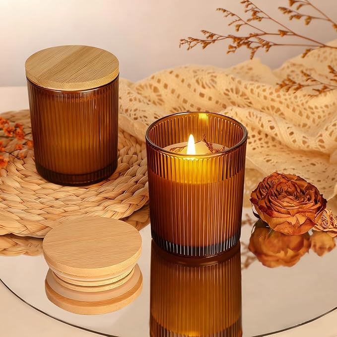 CONNOO 16pcs Ribbed Candle Glass Jars with Natural Bamboo Lids, 7oz Thick Containers for Candle Making with Wicks & Stickers, Ribbed Amber Jars for DIY Projects, Bulk Orders, Gifts & Home Décor