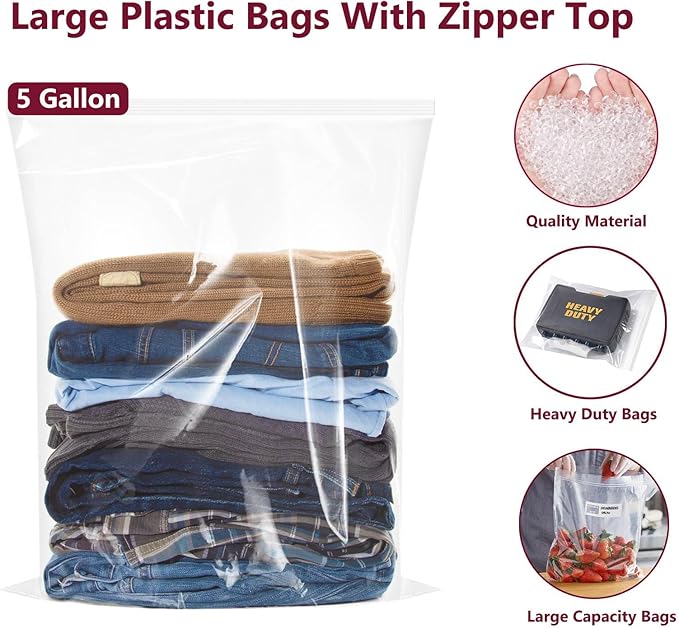 Large Plastic Bags With Zipper Top,5 Gallon,18" x 24",10 Pack,Extra Large Storage Packaging for Clothes,Travel, Moving, Large Reusable Bags,Heavy-Duty,BPA-Free, 2.36-mil Thick Clear