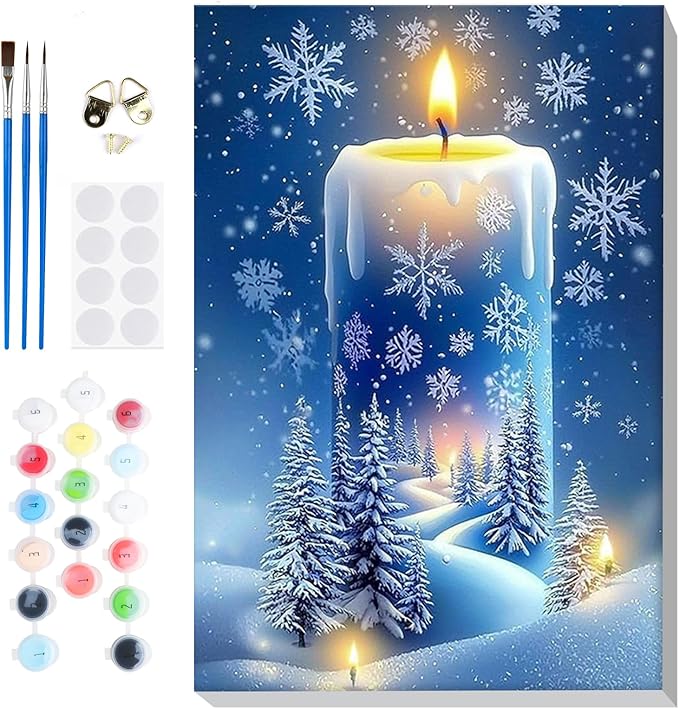 Bowetile Snow Paint by Numbers for Adults Beginners Framed, Adults' Paint-by-Number Candles Kits, Adult Paint by Number Kits on Canvas, Acrylic Christmas Number Painting for Home Decor, 8x12in