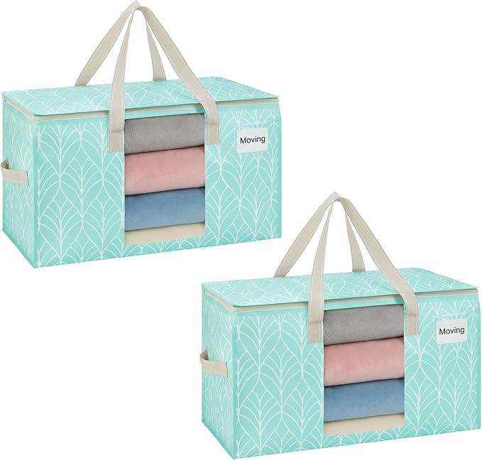 VENO 2 Pack Heavy Duty Moving Bags, Clothes and Comforter Storage Bags with Clear Window, College Dorm Essentials Packing Supplies, Foldable Boxes Alternative (Evergreen, 2 Pack)