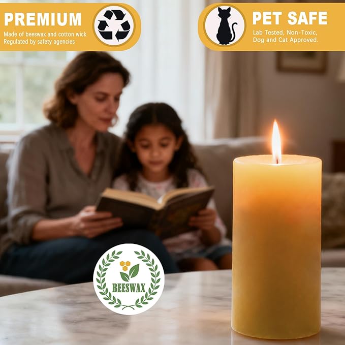 3 Packs Beeswax Pillar Candles, 100% Pure Beeswax Candles with 35 Hours Burn Time, Smokeless & Dripless Bees Wax Candles for Home Decor, Prayer, Christmas Party(2x4 inch)