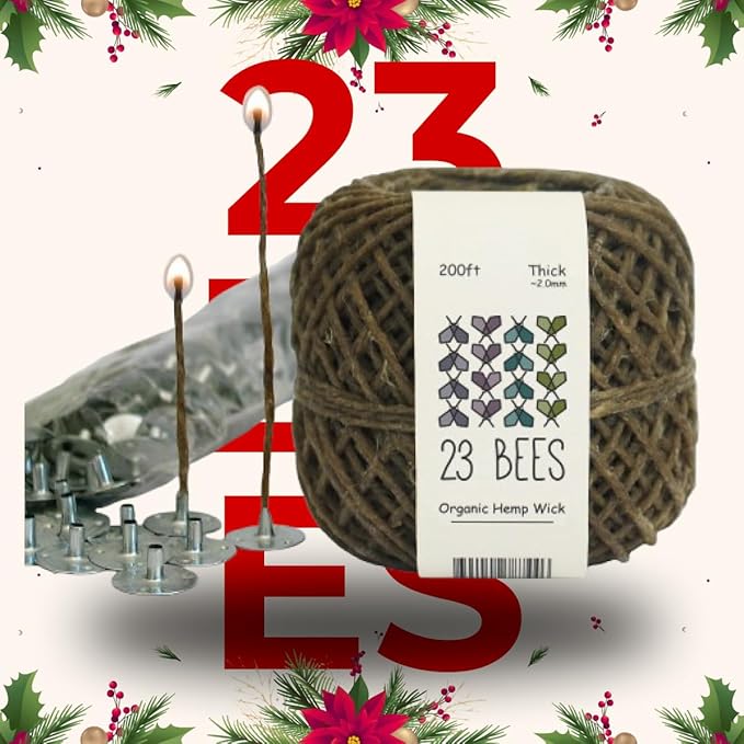 100% Organic Hemp Candle Wick 2.0mm Thick + Wick Sustainer Tabs 200pcs for Candle Making, 23 Bees, European Imported Hemp Spool 200ft with Natural Beeswax Coating