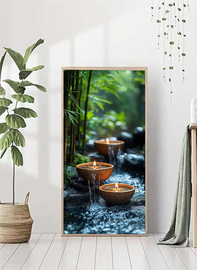 Bamboo Diamond Art Kits Adults, 5D Diamond Painting Candle, DIY Round Full Drill Crystal Art Kits for Adults, Rhinestone Embroidery Cross Stitch Gem Paintings for Room Decor, Gifts 12x24in 7K13-9W