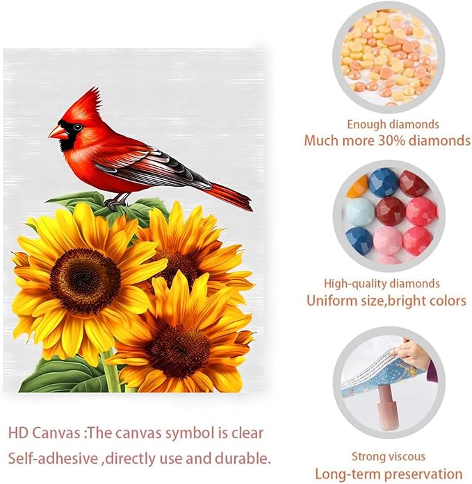 GUAIEUW Sunflower Red Bird Diamond Painting Kit for Adults, Full Round Diamond Cardinal Bird 5D Diamond Painting DIY Art Crafts for Winter Home Wall Decor Holiday Gift 16x24 Inch