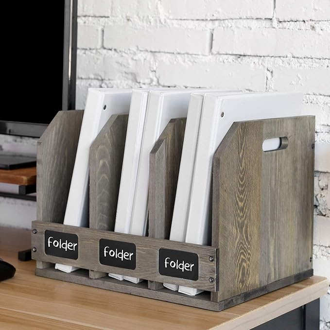 MyGift Wood Magazine Holder with 3 Compartments and Chalkboard Label, Desktop File Holder Organizer, Office Home Document Organizer Rack