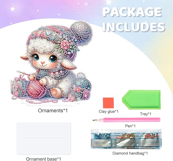 antor DIY Diamond Painting Desktop Ornament Kit, Special Shape Diamond Art Tabletop Decoration, Acrylic Diamond Painting Desk Figurine Decor Crafts Gift, Cute Sheep Knitting