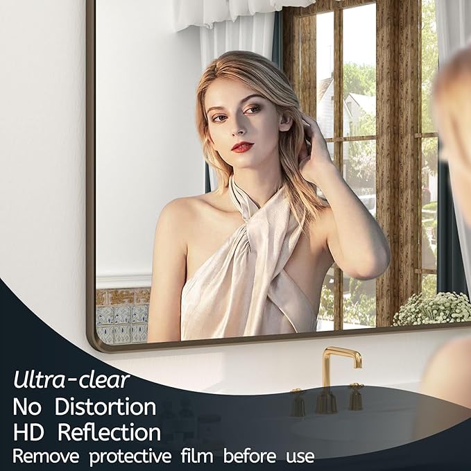 OKPAL 24x32 Bronze Bathroom Mirror, Bronze Frame Rectangle Mirror, Brushed Bronze Vanity Mirror, Round Corner, Wall-Mounted, Anti-Rust, Hangs Horizontally or Vertically
