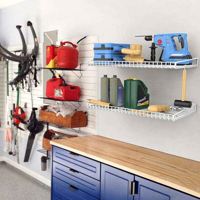 WALMANN Garage Wall Shelf, 4 Mixed-Size Wall-Mounted Storage Shelves for Garage, Closet, Laundry Room, Heavy Duty Wall Shelving, Holds Up to 65 lbs(White, 4 Mixed-Size Shelves)