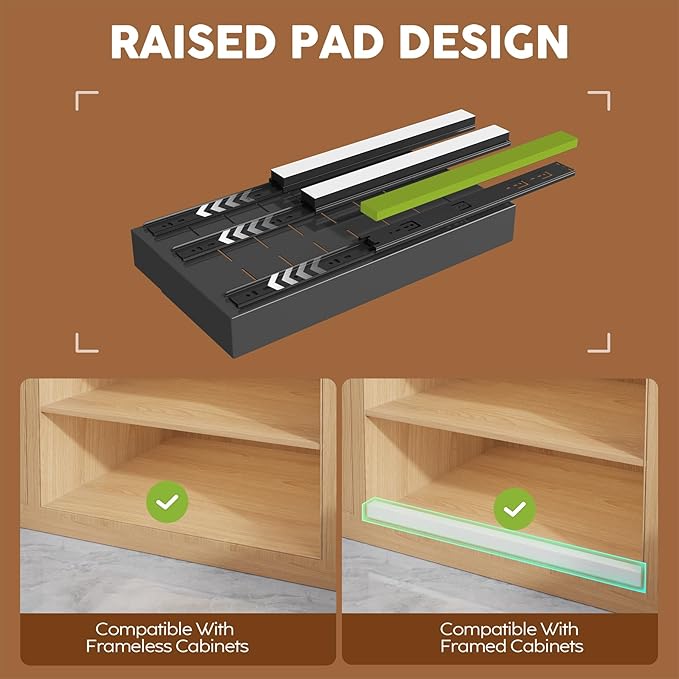 4 Pack Expandable (9"-14") Pull Out Cabinet Organizer 21" Deep With Raising Pad for Framed Cabinets,Upgrade 3 Slide Rails Slide Out Drawers,No Drill Roll Out Shelves Adhesive,Black